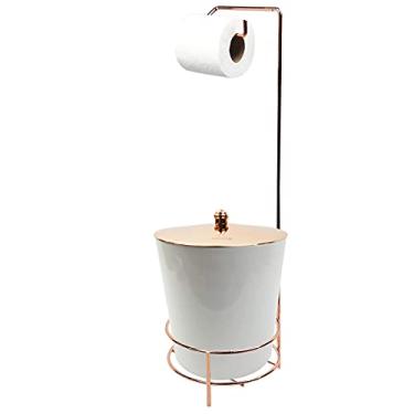 Imagem de Kit Suporte Papel Higiênico Lixeira 5 Litros Tampa Pino Banheiro Branco Rose Gold - AMZ