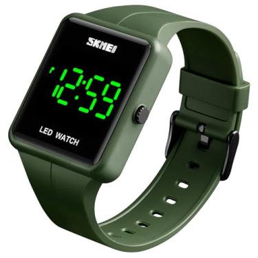 Imagem de Gosasa Relógio digital de LED grande, data, hora, 3 bar, impermeável, relógio de pulso masculino e feminino, Verde, Digital, movimento de quartzo