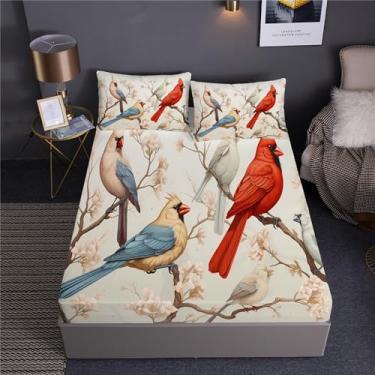 Imagem de Conjunto de edredom de pássaros coloridos cardeais, cama em um saco, 7 peças de flores, cor da primavera, incluindo 1 lençol com elástico + 1 edredom + 4 fronhas + 1 lençol de cima (A, cama queen em