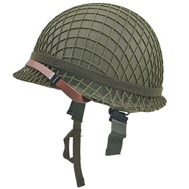 Imagem de Capacete M1 do Exército dos EUA da Segunda Guerra Mundial, Equipamento da 2ª Guerra Mundial, Réplica de Concha de Aço Metal com Alça de Queixo de Rede/Lona / Faixa Olho de Gato