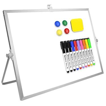 Imagem de Quadro branco seco apagado, quadro branco magnético grande de 40 cm x 40 cm com suporte, 10 marcadores, 4 ímãs, 1 borrão, cavalete portátil de placa branca de dupla face para notas escolares de mesa