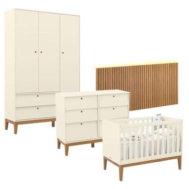 Imagem de Quarto de Bebê Unique 3 Portas com Cômoda 6 Gavetas e Painel Ripado com Led Off White Eco Wood - Matic