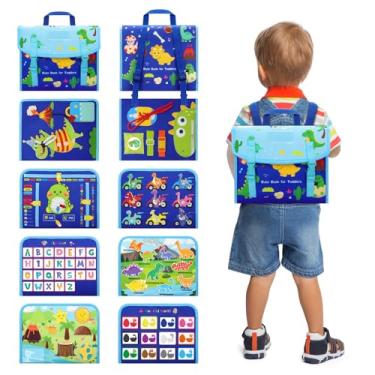 Imagem de HOMQYTE Mochila Busy Book para crianças de 1 a 3 anos, brinquedos sensoriais para meninos e meninas, livro educativo para bebês, crianças, presente de viagem, Azul, Large, Dinossauro