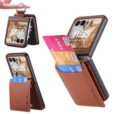 Imagem de Capa carteira compatível com Motorola Razr 2024 com porta-cartão, capa protetora de couro PU de luxo mulher homem suporte cobertura total bolso anel capa para Motorola Razr 2024, Moto Razr 50 marrom