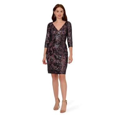 Imagem de Adrianna Papell Vestido curto feminino com decote em V e contas, Azul marinho/ouro rosa, 42