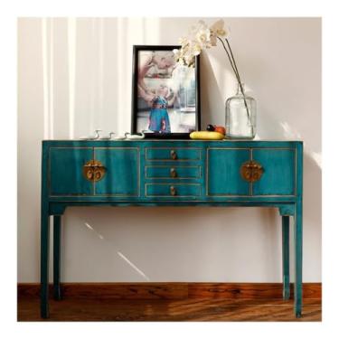 Imagem de LICONG-2020 Mesa de entrada para entrada, mesa de sofá, mesa de canto de madeira com gavetas de armazenamento, pequena mesa de entrada para sala de estar, quarto, corredor, armário de entrada (azul)