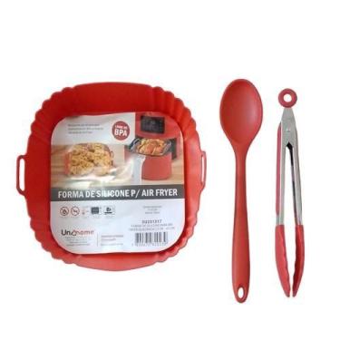 Imagem de Kit 3 Peças Forro para Air Fryer Quadrada 21cm ,Pinça de 25cm e Colher