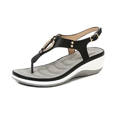 Imagem de Sapatos de praia femininos verão salto alto solado confortável sandálias casuais chinelos(Black,45EU)