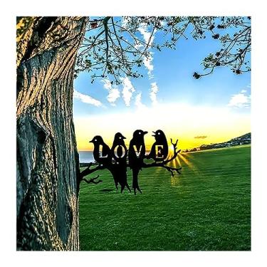 Imagem de Decoração de jardim Silhueta de aço do pássaro do amor, artista de parede de metal jardim pátio estátua ao ar livre coluna de madeira decoração Estátua de jardim