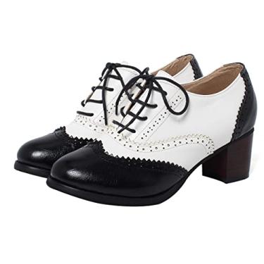 Imagem de SHEMEE Sapatos femininos de salto alto grosso com bico arredondado Oxfords bico arredondado com cadarço e salto bloco empilhado Vintage Brogues, Preto/branco, 9.5