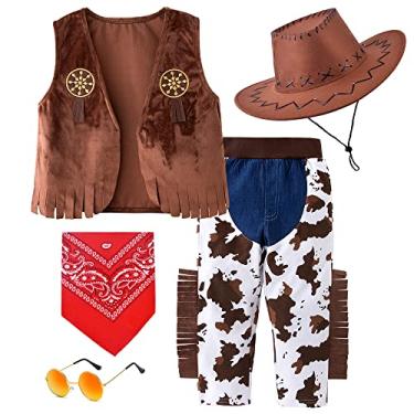 Imagem de ZZIHAN Meninos Fantasia De Cowboy Infantil Chaps Vest Para Role Play Cowgirl Chapéu Bandanas Óculos Sol Vestir Acessórios Crianças Festa Aniversário Halloween Nata