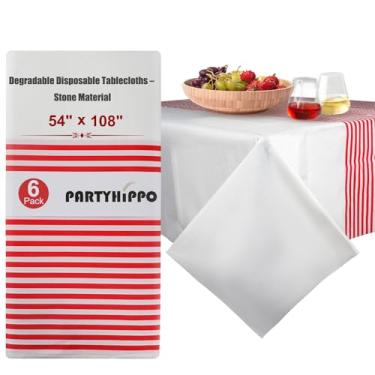 Imagem de PARTYHIPPO Toalha de mesa descartável degradável de papel de pedra (137 x 274 cm, pacote com 6) – retangular, impermeável, à prova de vazamento, durável (listras vermelhas)