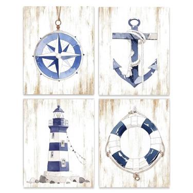 Imagem de Color Play Impressões náuticas sem moldura com tema oceânico: pôster de praia de 4 painéis, arte de parede, âncora de farol costeiro, boia salva-vidas, volante, arte retrô para berçário, quarto de