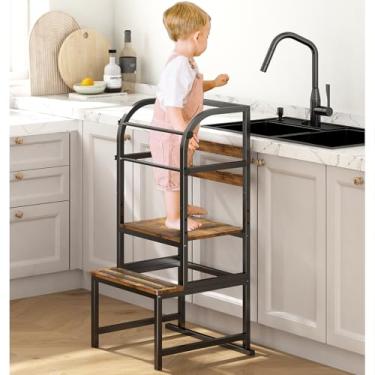 Imagem de Wisdom Star Torre Para Cozinha, Banquinho Para Criança Com Altura Ajustável, Auxiliar De Banquinho Para Criança Com Corrimão De Segurança, Banquinho Para Banheiro Com Proteção Antiderrapante, Torre