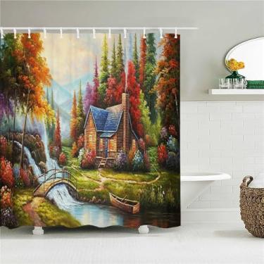 Imagem de Cortina de chuveiro de floresta decoração tecido cortinas de banheiro pintura a óleo paisagem tela de banho com 12 ganchos, 2817M, L90xA180cm