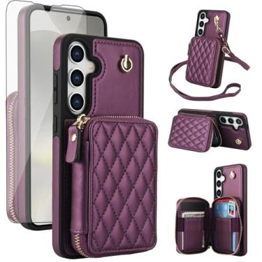 Imagem de Capa de celular para Samsung Galaxy S24 Plus S24+ 5G carteira celular com protetor de tela de vidro temperado alça transversal com bloqueio de RFID S24Plus 24S + S 24 24+ SM-S926U feminino roxo escuro
