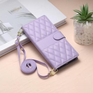 Imagem de HJZSZX Para iPhone 12 Mini Long Lanyard Crossbody Couro Carteira Cartão Capa de Telefone Flip (Para iPhone 12 Mini/Roxo)