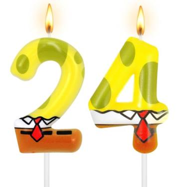 Imagem de Vela com número de aniversário com esponja amarela, velas com estampa de pontos, numerais, desenho animado, topo de bolo para festa de 24 anos, suprimentos de decoração