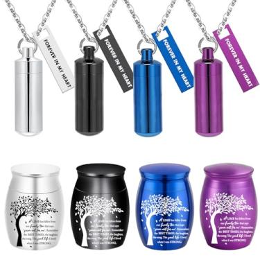 Imagem de QRBNFRDE 8 unidades de colar de urna para cinzas, árvore da vida, urna de cremação, impermeável, esculpida, medalhão de cinzas com joia cilíndrica para cinzas com Forever in my heart, Small, Aço