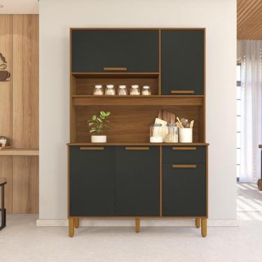 Imagem de Armário De Cozinha Compacta Fidelitá Grécia 120cm 5 Portas 1 Gaveta Com Tampo e Fundo Freijó/Preto