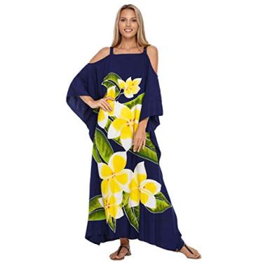 Imagem de SHU-SHI Vestido feminino Kaftan Maxi saída de praia ombro vazado plus size túnica floral, Azul, One Size