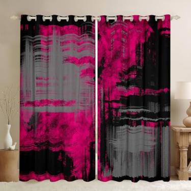 Imagem de Cortina infantil rosa e cinza preta (2 painéis, 42 x 63 polegadas) abstrata 30%-50% blackout para decoração de quarto de meninos meninas adolescentes cortinas de janela geométricas macias e leves