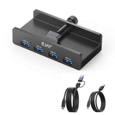 Imagem de EJAY Hub USB 3.0 de 4 portas com braçadeira, transferência de dados de alta velocidade, porta de fonte de alimentação extra, dados de 150 cm e cabos de alimentação de 99 cm para mesa/monitor