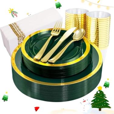 Imagem de Liacere 175 peças de pratos de plástico verde - pratos de festa verde esmeralda - placa de plástico dourada descartável inclui 50 pratos, 25 facas, 25 garfos, 25 colheres, 25 copos, 25 guardanapos