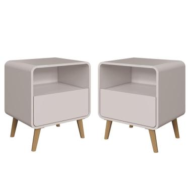 Imagem de Kit Conjunto 02 Mesas De Cabeceira Canto Curvo Com Nicho 01 Gaveta E Pés Palito Retrô Bege Dunas