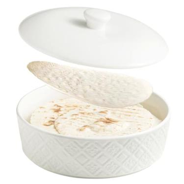 Imagem de Aquecedores de tortilha grandes com tampa, suporte de tortilha de cerâmica em relevo, seguro para forno - Taco Tuesday, Taco Bar, recipiente de armazenamento de alimentos para micro-ondas de 21 cm