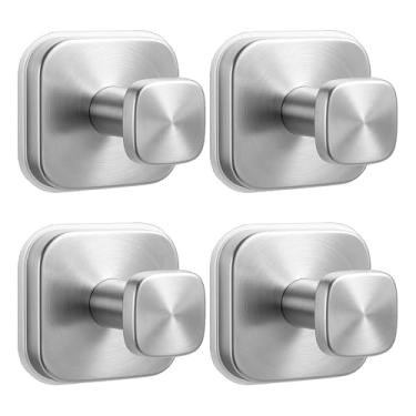 Imagem de Tyothimm Gancho quadrado com ventosa de 4 peças, gancho de chuveiro de aço inoxidável 304, puxador removível com ventosa para chuveiro, banheiro, cozinha, porta de vidro, espelho (prata)