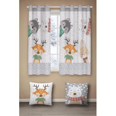 Imagem de Cortina Infantil Estampada 2m x 1,5m com 2 Capas de Almofada, Decorativa, Tecido Poliéster, para Quarto (AMIGUINHOS DA NEVE)