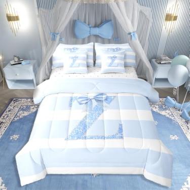 Imagem de Erosebridal Jogo de cama casal monograma letra Z com laço azul com estampa de listras, para decoração de quarto de crianças, mulheres, para decoração de quarto de crianças, mulheres, com estampa de