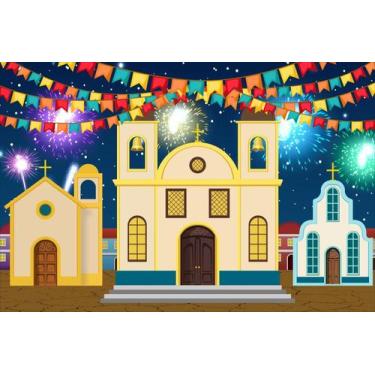 Imagem de Painel de Tecido Sublimado Festa Junina Arraiá Igrejas Bandeirinhas No