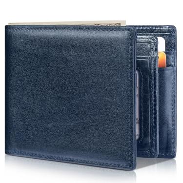 Imagem de Artpaxy Carteira masculina dobrável de couro legítimo com bloqueio RFID, Azul marinho, Retrô