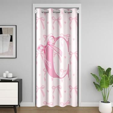 Imagem de jejeloiu Linda cortina de porta com laço rosa para privacidade de porta 106 x 203 cm, 1 painel, capa de armário com letra C personalizada, linda cortina divisória de quarto com nó de laço coquete
