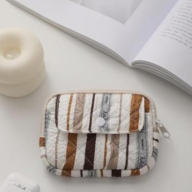Imagem de Bolsa de moedas listrada acolchoada, bolsa de maquiagem acolchoada macia, estojo de batom portátil com estampa de pontos com fecho de zíper, Marrom
