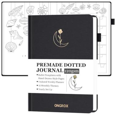 Imagem de ONGROX Caderno estilo Bullet pré-fabricado com páginas desenhadas à mão, diário pontilhado com modelos de bala exclusivos pré-fabricados, agenda sem data com páginas semanais e temas mensais, 12 meses