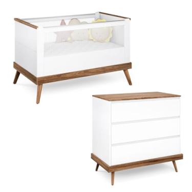 Imagem de Quarto de Bebê Completo Retrô Coleção Canção de Ninar, com Berço Americano e Cômoda 3 Gavetas, em MDF e Madeira Maciça, Pintura UV Atóxica e Pé Palito Branco Premium