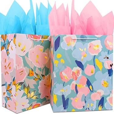 Imagem de Bolsa de presente grande para mulheres, meninas, para ela, com papel de seda, sacos de presente de aniversário elegantes com marcação dourada de folha de flor, bolsa grande para presente de