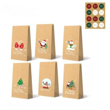 Imagem de 12 unidades de sacos de Natal com adesivos, sacos de presente de Natal, lembrancinhas de festa, suportes de presente de Natal para lanches de biscoitos doces, mini papel de presente de artesanato