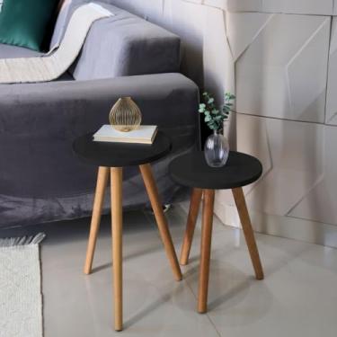 Imagem de Mesa De Apoio Redonda Preta 2 Mesas Pé Palito Madeira