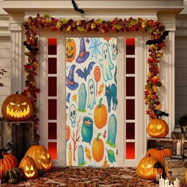 Imagem de Wassud Decoração de porta de morcego de gato de Dia das Bruxas Banner interno externo decoração de casa de varanda grande decoração de porta da frente 96 x 98 polegadas