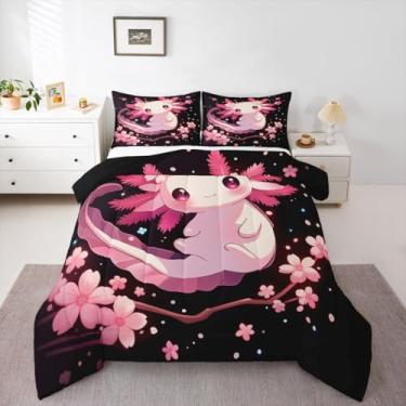 Imagem de Erosebridal Jogo de cama casal com desenho animado Axolotl | Vida selvagem flor de cerejeira japonês, mundo subaquático, salamandra, animais do oceano, edredom macio, 3 peças com 2 fronhas