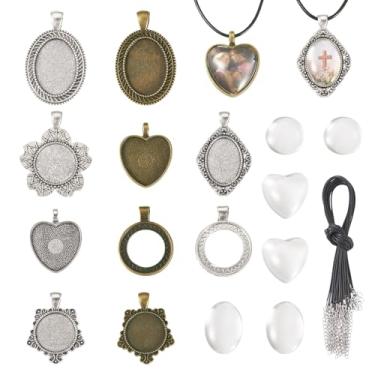 Imagem de FASHEWELRY 16 conjuntos de bandejas com pingente de bisel vintage, conjunto de cabochão de liga de liga em branco, pingentes com cordão de cabochão de vidro para decoração de fotos, colares, joias