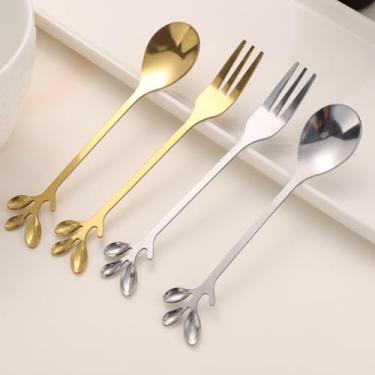 Imagem de Conjunto de 4 colheres de garfo de aço inoxidável para sobremesa, café, colheres de leite, garfos de bife de frutas, talheres de metal, ouro + prata, 12 cm