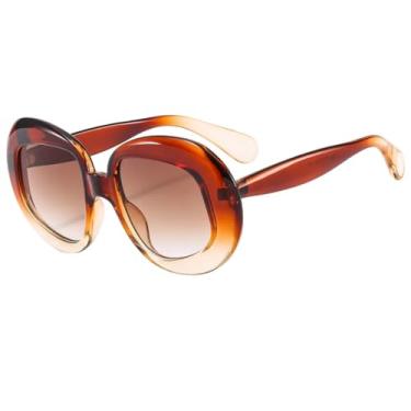 Imagem de HCHES Óculos de Sol Redondos Femininos de Luxo com Armação em Gradiente de Cores Contrastantes e Design Retrô, Proteção UV400 (Chá)