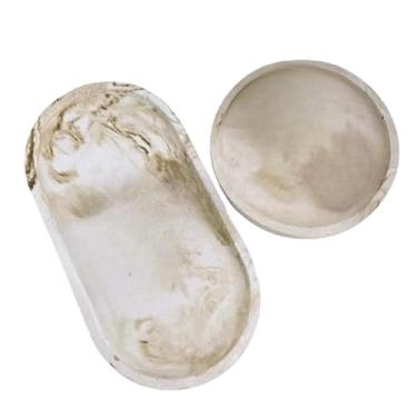 Imagem de Kit Bandeja de concreto cimento Redonda e oval 17cm x 9cm x 1,5cm para Decoração de Casa Sala Quarto e Organização de Joias Velas, Complemento Elegante para Ambientes Familiares(Marmorizado Bege)