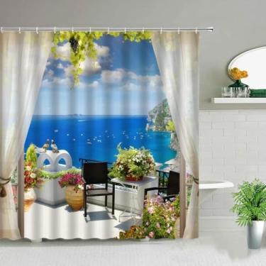 Imagem de Cortinas de chuveiro Ldyllic Scenery Ocean Flower Plant Spring Landscape Cortina de banheiro decoração de banheira ganchos de tecido impermeável 133 x 220 cm/LxA cortina de chuveiro extra longa