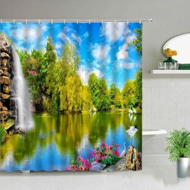 Imagem de Cortinas de chuveiro de cenário natural verão cachoeira paisagem flor pássaro tecido impermeável tela de banheira decoração de banheiro gancho 113 x 202 cm/LxA cortinas de chuveiro longas